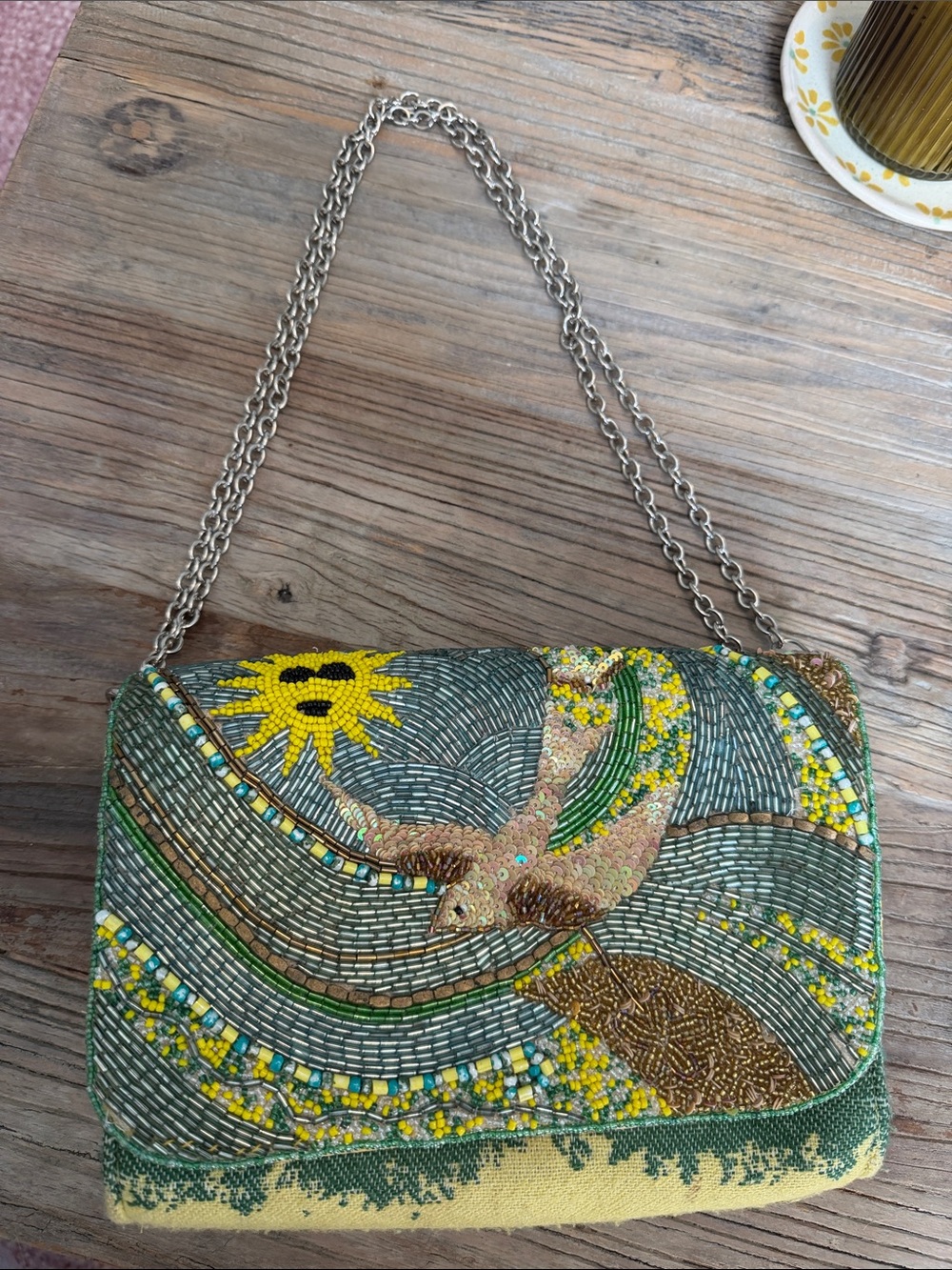 Hand-Beaded Wave & Sun Shoulder Bag in Green and Yellow